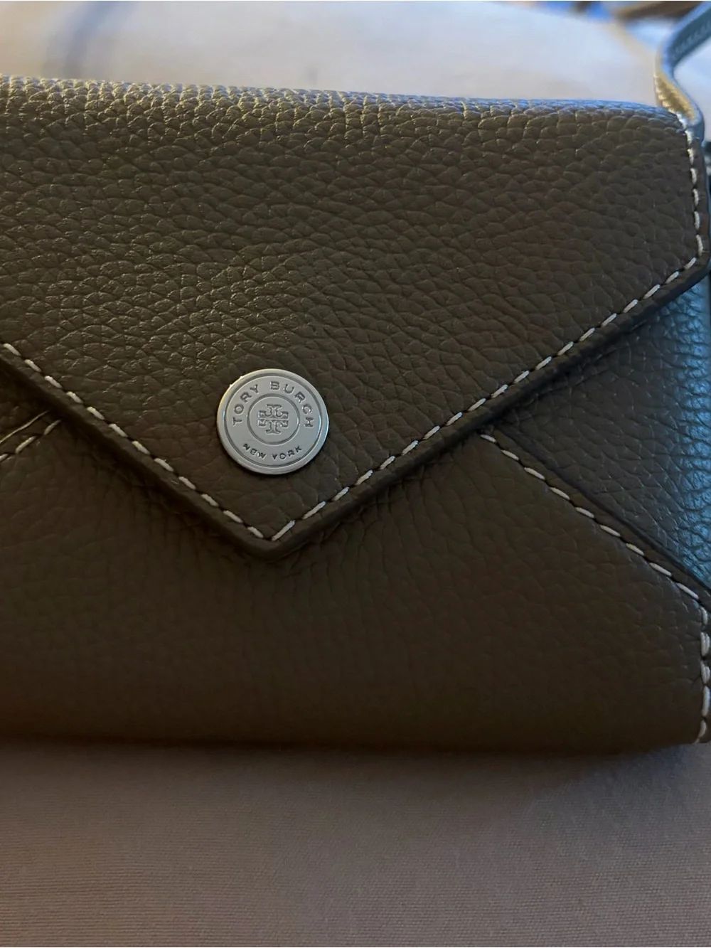 Tory Burch Taupe Pebbled Leather Envelope Crossbody